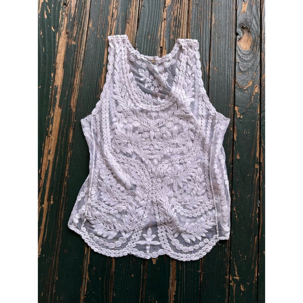Cygne White Floral Embroidered Mesh Tank Top Sheer Lace Boho Sleeveless L